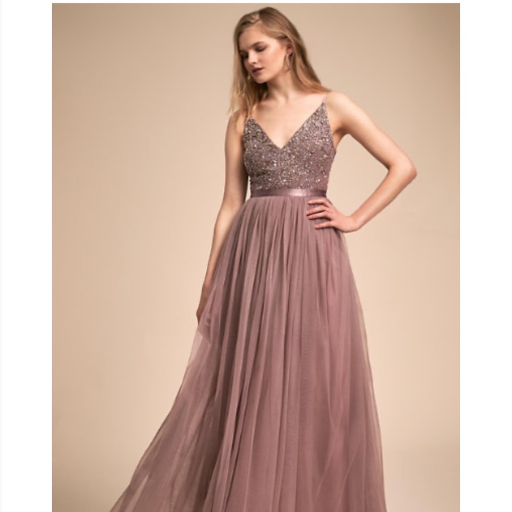 BHLDN Mauve Beaded V-Neck Maxi Dress